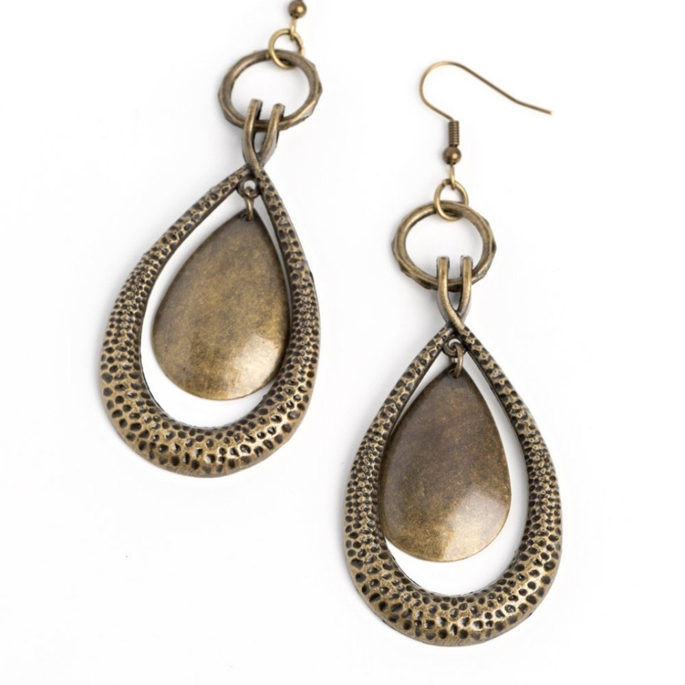 Paparazzi Brass Teardrop Earrings Intricate Design Forged Flare Brass Jewels